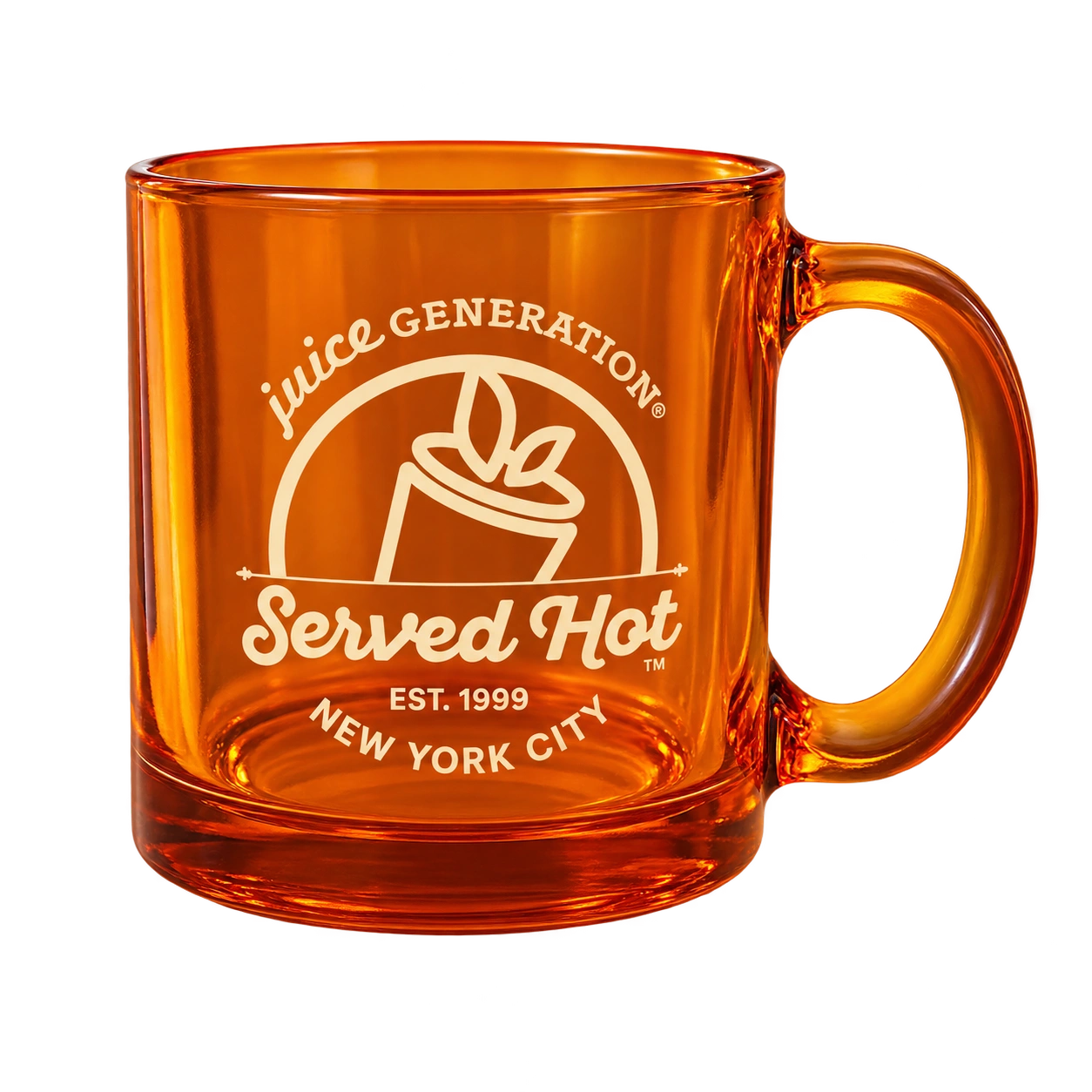 Orange translucent Juice Generation Served Hot glass mug