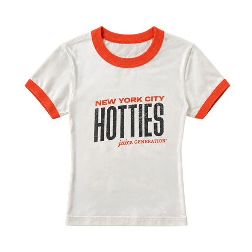 Cream Hotties baby ringer tee with orange trim, printed NEW YORK CITY above HOTTIES and juice GENERATION below